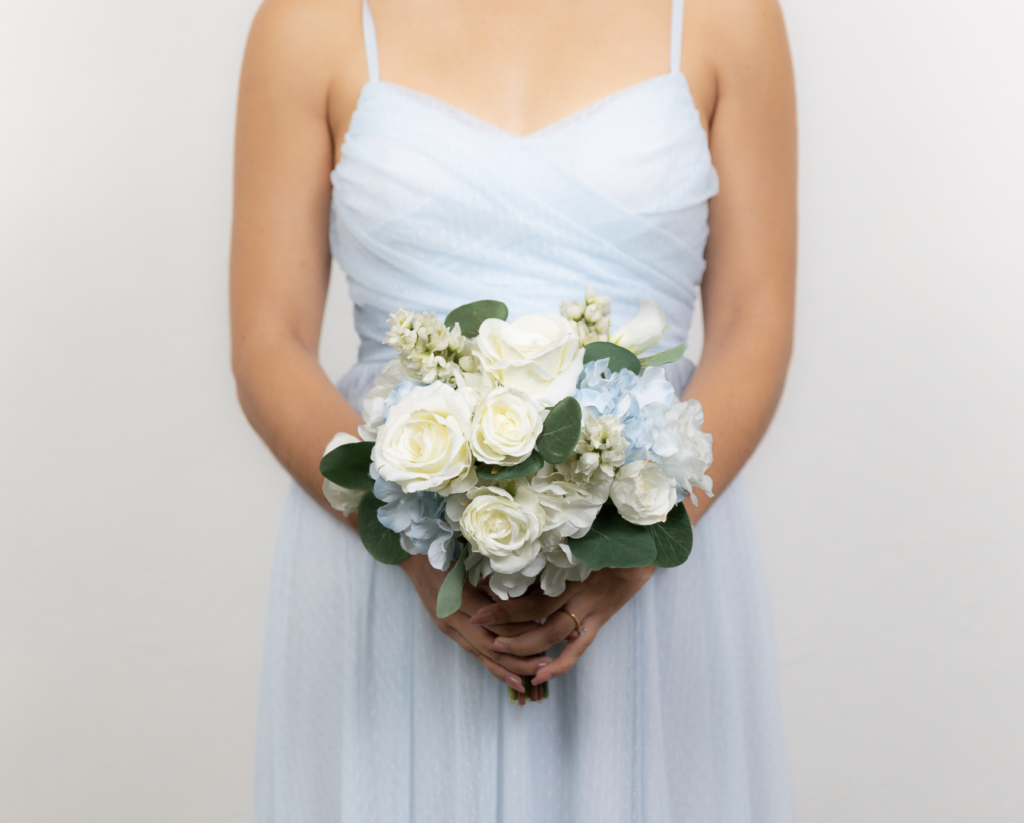 Bridesmaid bouquet white and light blue artificial flowers Cancun florist