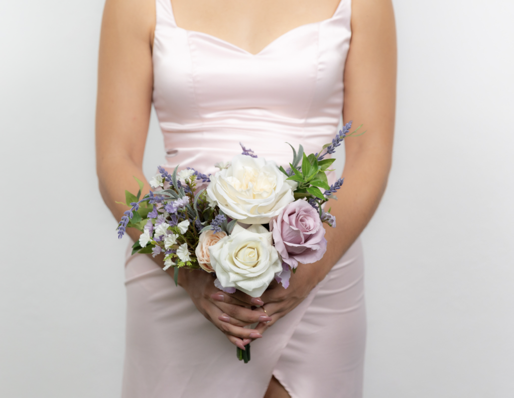 Bridesmaid bouquet lilac and blush artificial flowers Cancun florist