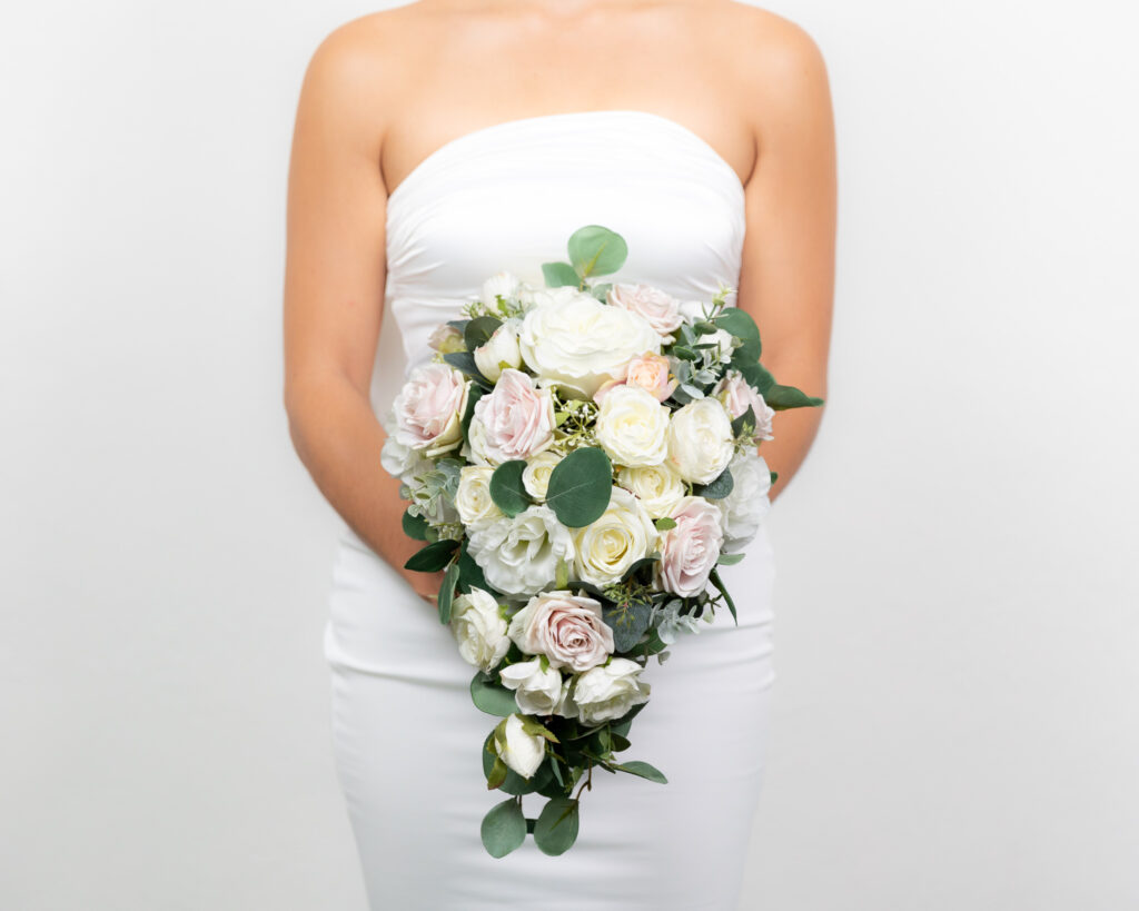 Classic cascade wedding bouquet blush and white artificial flowers