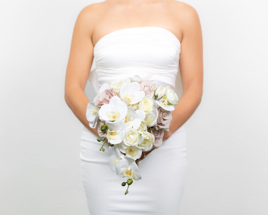 Bride bouquet with artificial flowers white and soft pink cascade in Cancun and Riviera Maya