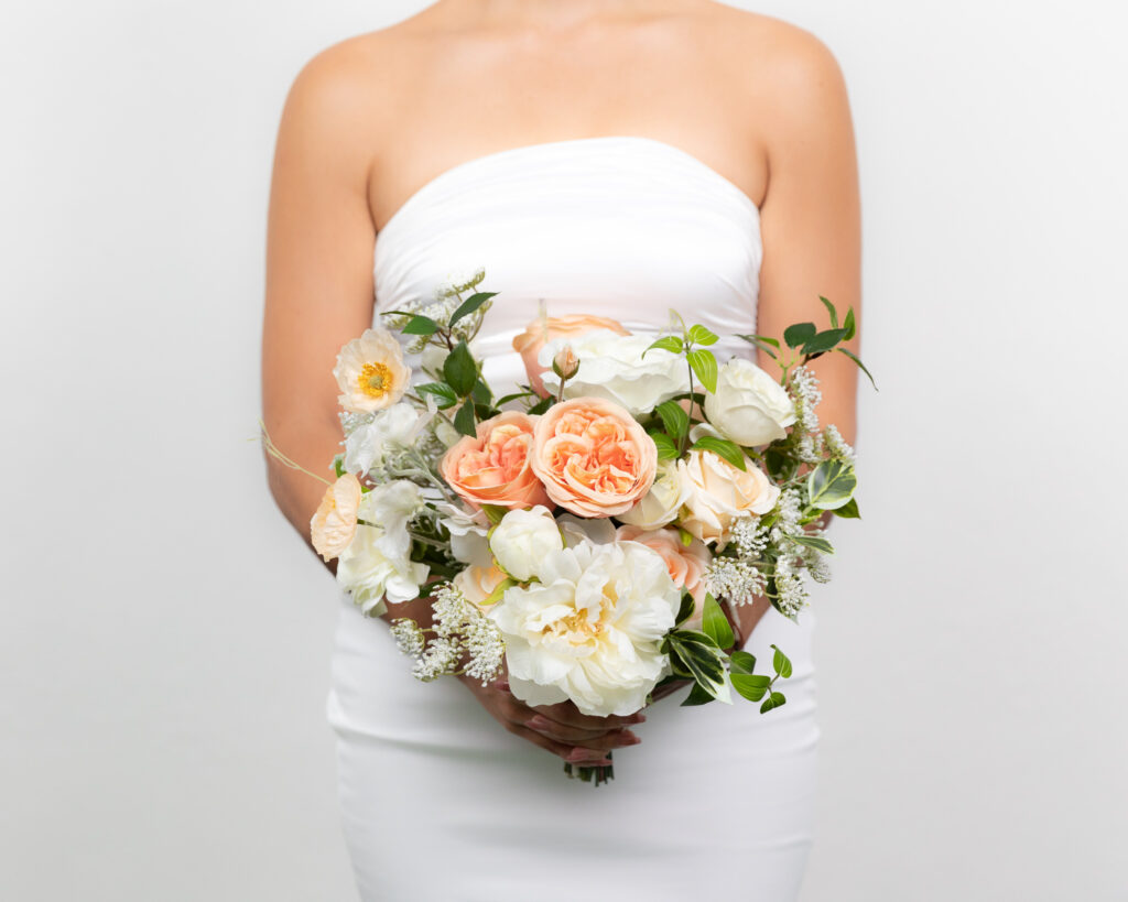Peach wedding bouquet blush and white artificial flowers