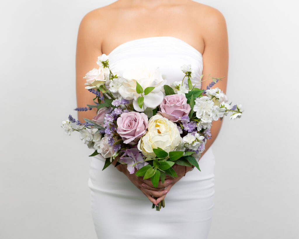 Bride bouquet with artificial flowers lilac and blush garden look in Cancun and Riviera Maya