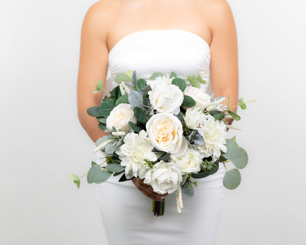 Bride bouquet with white flowers and greenery classic round shape artificial flowers in Cancun and Riviera Maya