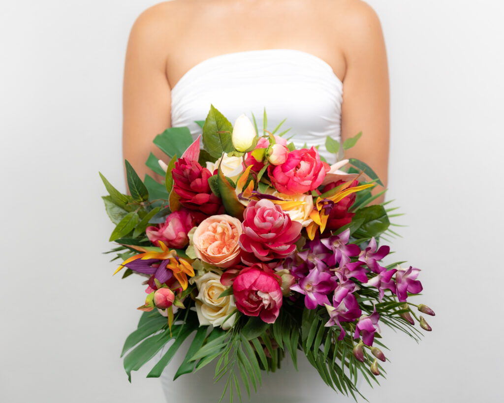 Tropical and colorful flowers bridal bouquet made with artificial flowers