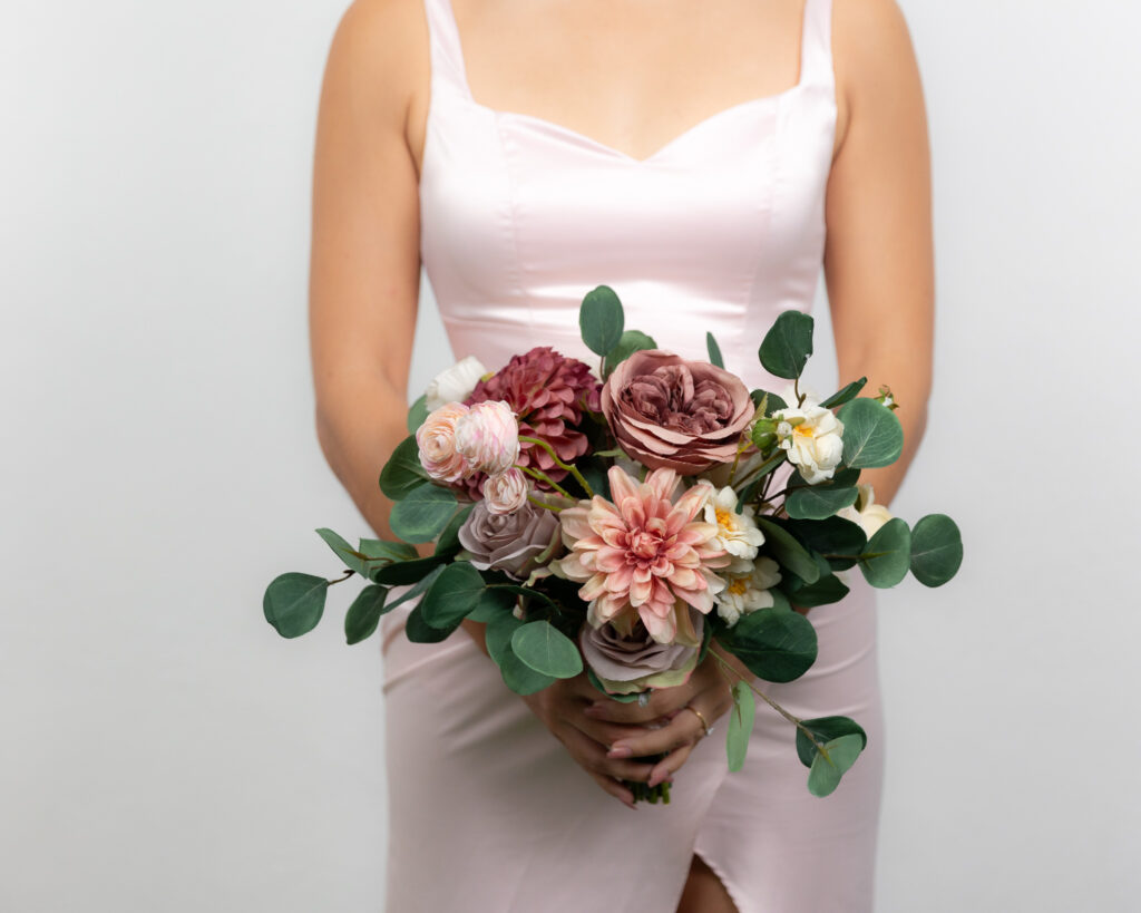 Bridesmaid bouquet mauve, dusty rose and blush artificial flowers Cancun florist