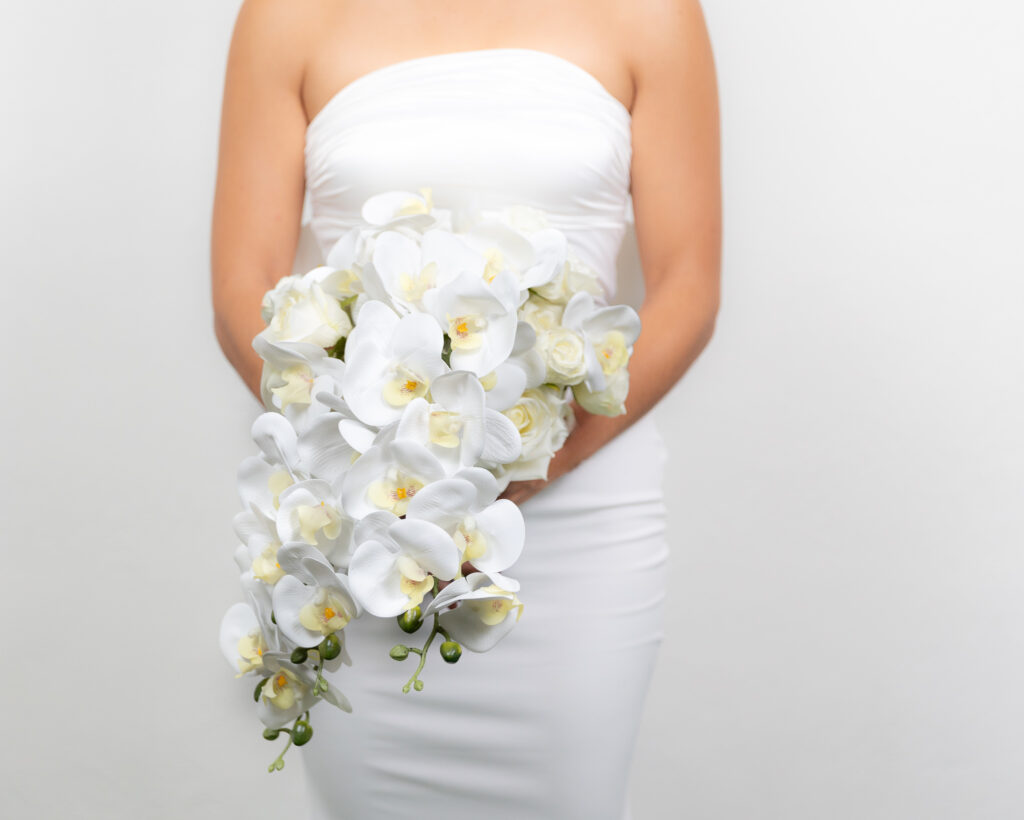 Bride bouquet with artificial flowers white phanaelopsis cascade bouquet Cancun and Riviera Maya